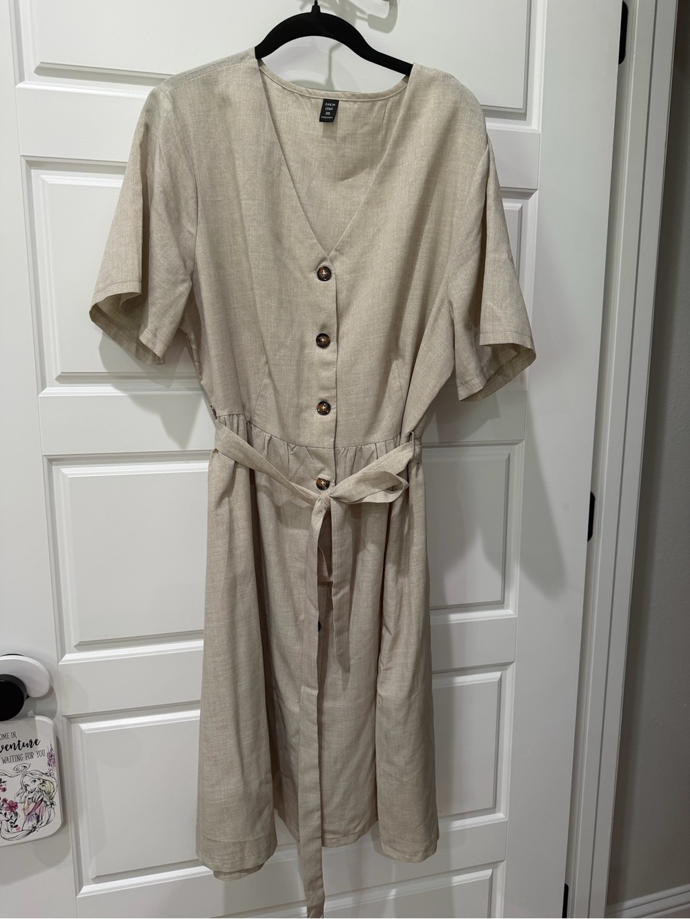 SHEIN Beige Button-Front Midi Dress with Waist Tie